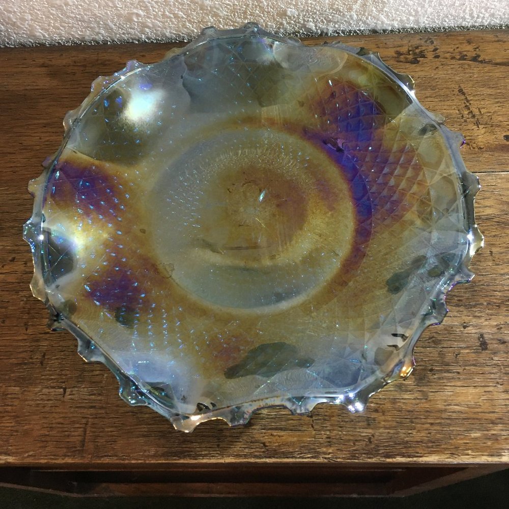Vintage Blue Iridescent Ruffled Diamond Point Dessert Plate - Picture 2 of 9